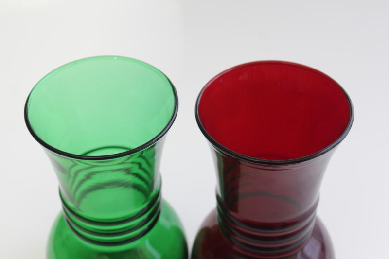 vintage Anchor Hocking ring pattern vases, forest green & royal ruby red