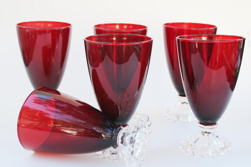 vintage Anchor Hocking royal ruby red / clear foot Boopie bead edge goblets