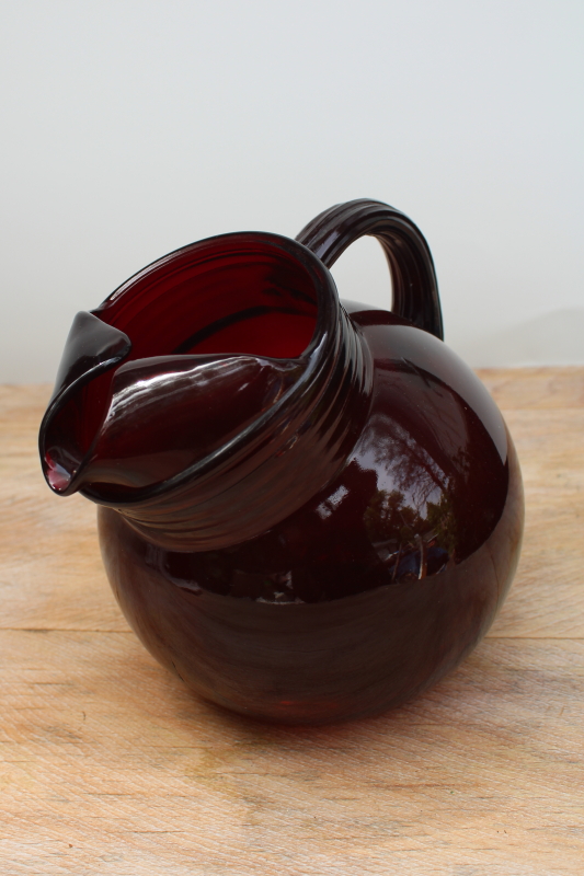 vintage Anchor Hocking royal ruby red depression glass, ball tilt pitcher