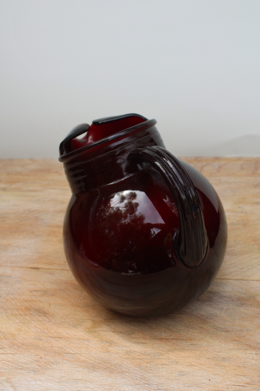 vintage Anchor Hocking royal ruby red depression glass, ball tilt pitcher