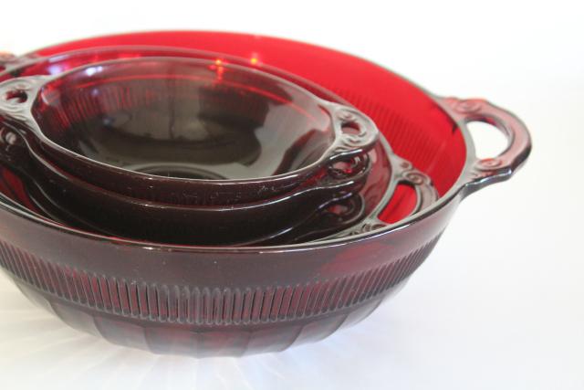 vintage Anchor Hocking royal ruby red glass Coronation block optic fruit bowls & nappy
