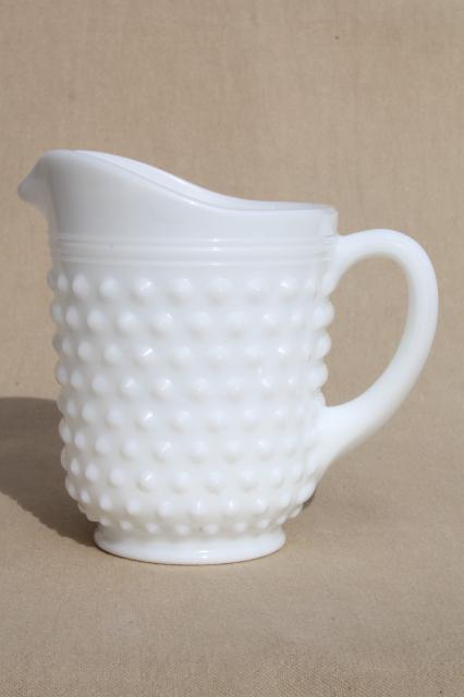 vintage Anchor Hocking white milk glass creamer or pint milk pitcher, hobnail pattern glass
