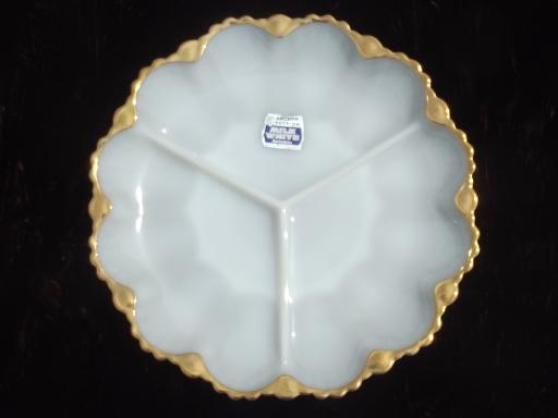 vintage Anchorglass label milk white glass divided dish relish plate