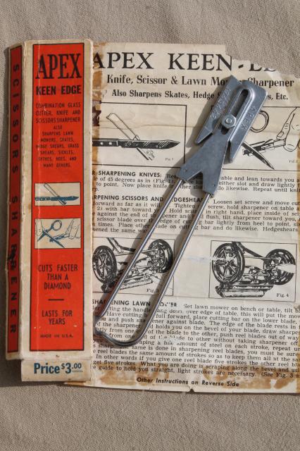 vintage Apex sharpening tool w/ instructions, knife, scissors, old lawn mower blade sharpener