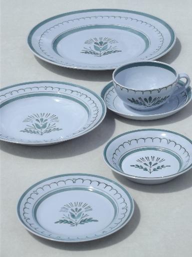 vintage Arabia dinnerware, Green Thistle pattern Arabia china set for 6 