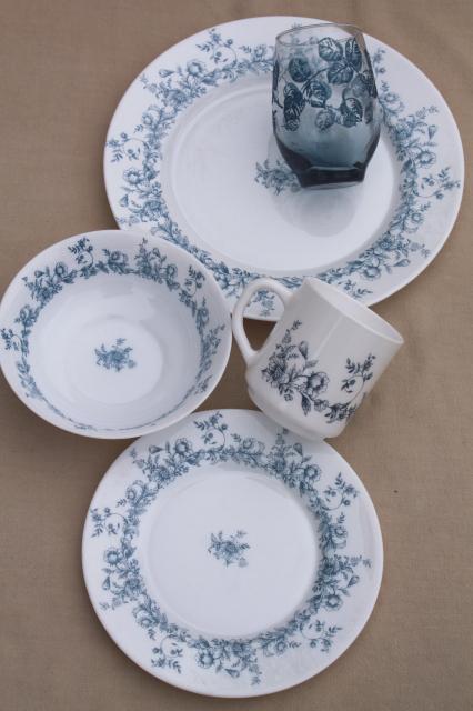 vintage Arcopal Glenwood blue & white milk glass dishes w/ Libbey Tempo floral glasses
