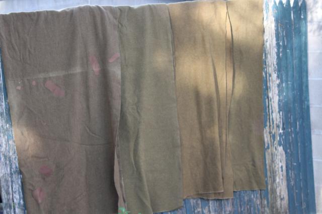 vintage Army blankets, 50s US military olive drab green wool camp blanket lot