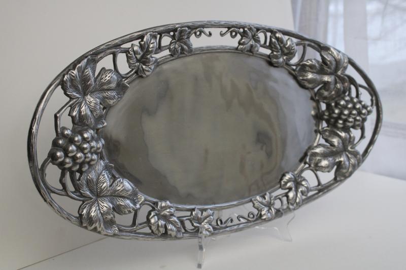vintage Arthur Court aluminum serving tray w/ open handles, bunches of grapes