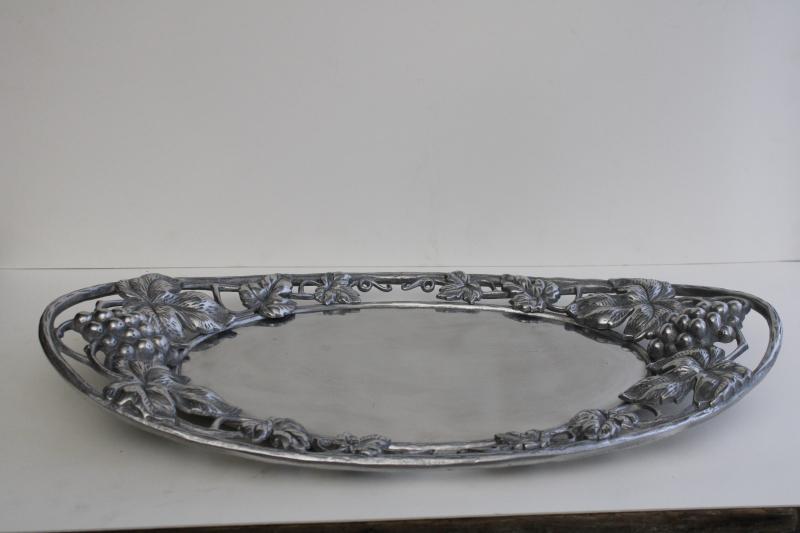 vintage Arthur Court aluminum serving tray w/ open handles, bunches of grapes