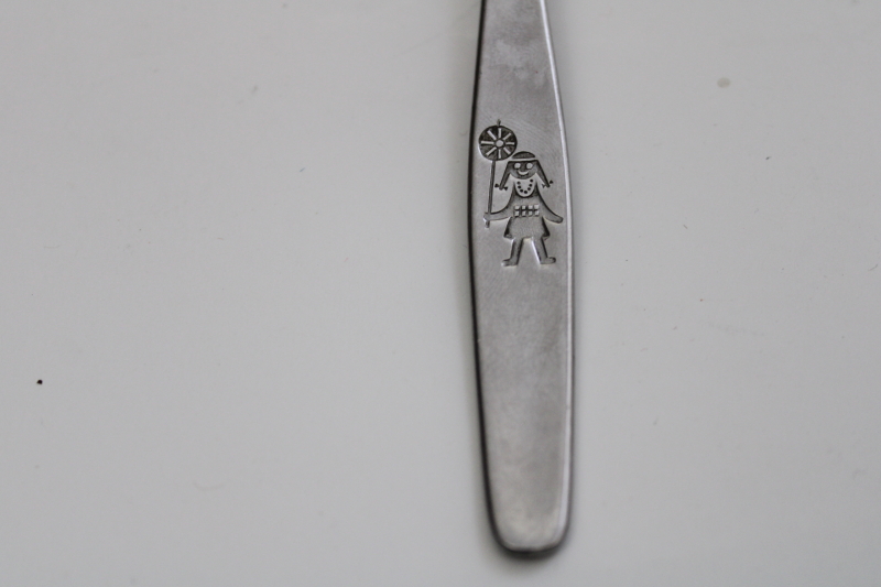 vintage Auerhahn stainless flatware, childs fork girl w/ long braids  flower