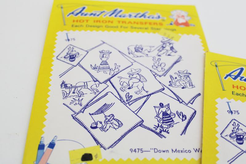 vintage Aunt Martha's iron on embroidery transfers, old Mexico Mexican theme designs