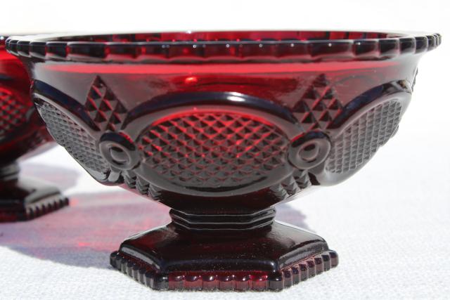 vintage Avon Cape Cod pattern ruby red glass, pair of flower bowls or candy dishes