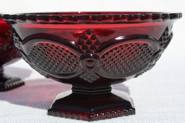 vintage Avon Cape Cod pattern ruby red glass, pair of flower bowls or candy dishes