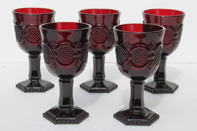 vintage Avon Cape Cod ruby red glass claret wine glasses, lot of five goblets