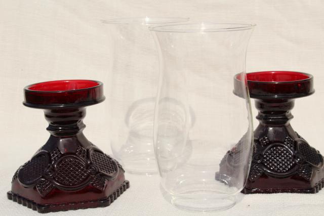 vintage Avon Cape Cod ruby red glass, hurricane candle lamp candlesticks pair