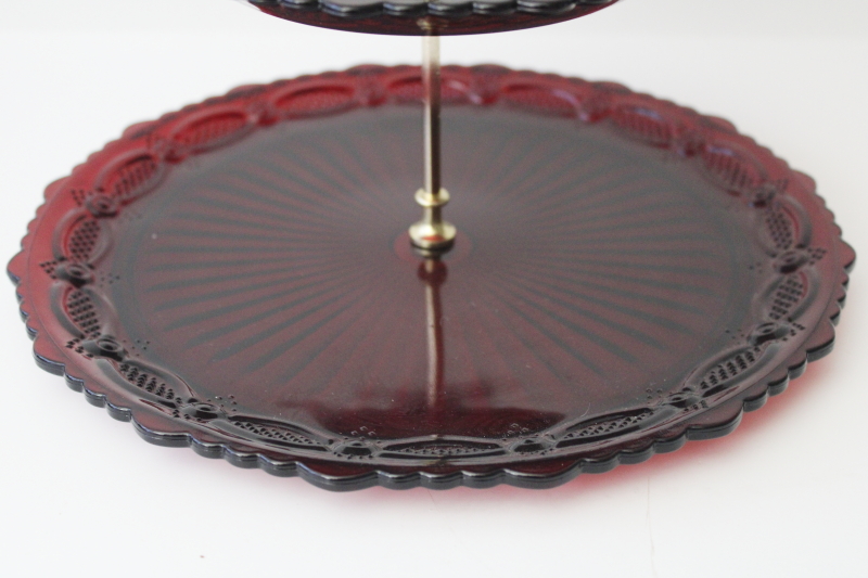 vintage Avon Cape Cod ruby red glass tiered tray dessert stand or sandwich plate w/ center handle