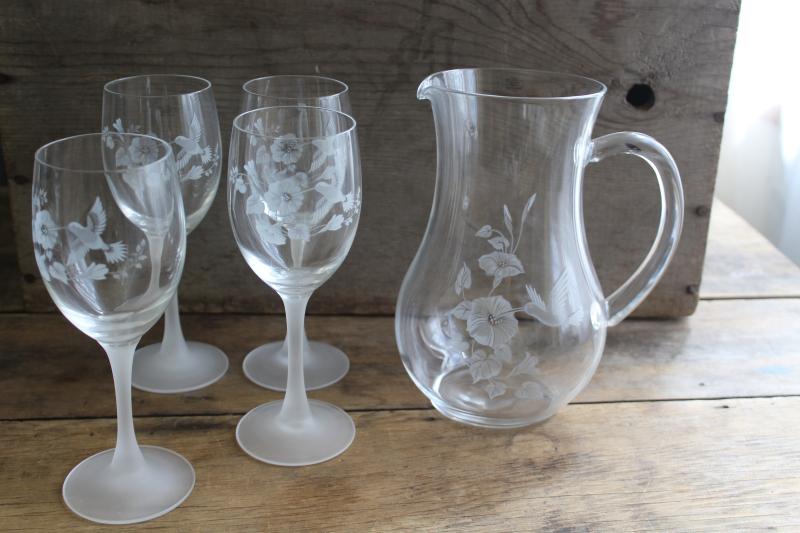 vintage Avon Hummingbird etched crystal wine glasses & pitcher, made in France