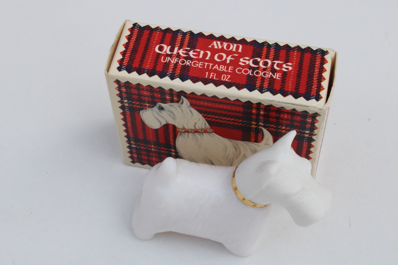 vintage Avon Queen of Scots figural glass bottle milk glass Scotty dog cologne tartan box