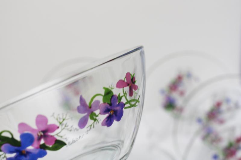 vintage Avon Wild Violets J Walsh painted floral clear glass bowls & plates