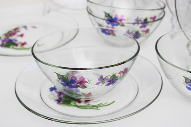 vintage Avon Wild Violets J Walsh painted floral clear glass bowls & plates
