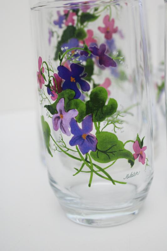 Hand Painted Violets Glass Pitcher Set Juice Glasses Easter 