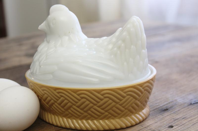 vintage Avon hen on nest covered dish, white milk glass w/ painted basket weave bowl
