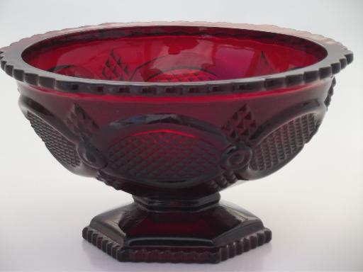 vintage Avon royal ruby red glass Cape Cod candlesticks & flower bowl