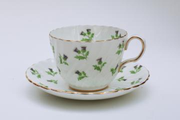 vintage Aynsley England bone china tea cup saucer set, Scots thistle pattern