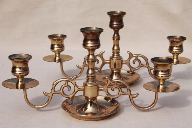 vintage Baldwin brass branched arms candlesticks, candelabra pair low candle holders