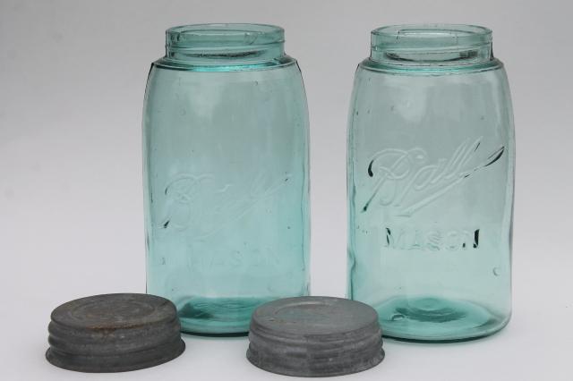 vintage Ball Mason canning jars, strong shoulder slope blue glass w/ zinc metal lids