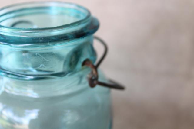 vintage Ball Mason jar wire bail quart w/ glass lid, antique embossed date July 14 1908