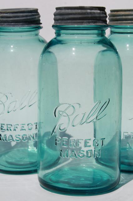vintage Ball Perfect Mason aqua blue glass big two quart size jars w/ old zinc metal lids