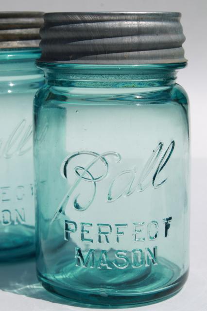 vintage Ball Perfect Mason aqua blue glass pint jars w/ old zinc metal lid