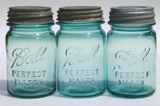 vintage Ball Perfect Mason aqua blue glass pint jars w/ old zinc metal lid