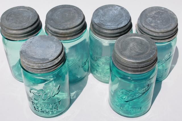 vintage Ball Perfect Mason aqua blue glass pint jars w/ old zinc metal lids