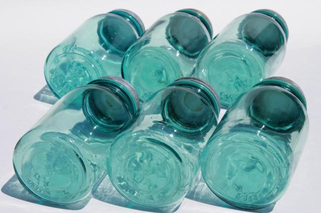 vintage Ball Perfect Mason aqua blue glass quart jars w/ old zinc metal lids