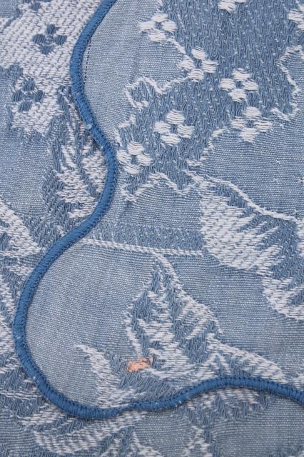 vintage Bates bedspread, shabby cottage chic blue & white woven cotton bed cover