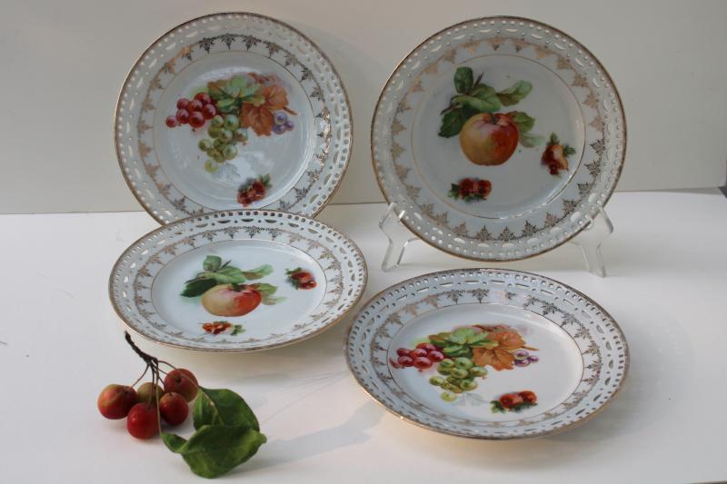 vintage Bavaria china fruit plates w/ grapes, apples, berries - fancy reticulated border
