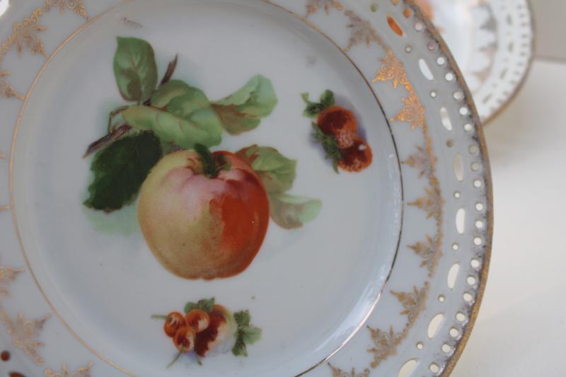 vintage Bavaria china fruit plates w/ grapes, apples, berries - fancy reticulated border