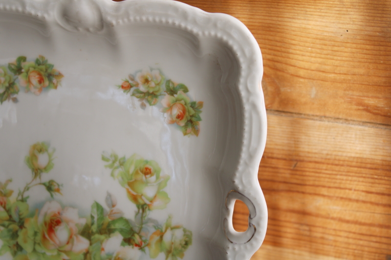 vintage Bavaria peach roses floral china tray w/ little handles, square cake plate