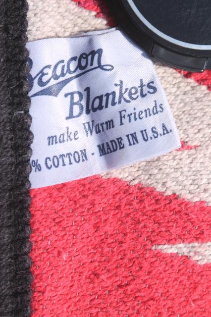 vintage Beacon cotton camp blanket, Indian blanket woven red, green, gold on cream