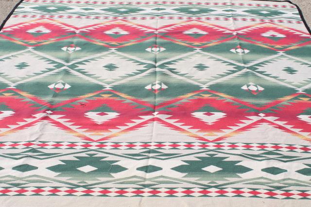 vintage Beacon cotton camp blanket, Indian blanket woven red, green, gold on cream
