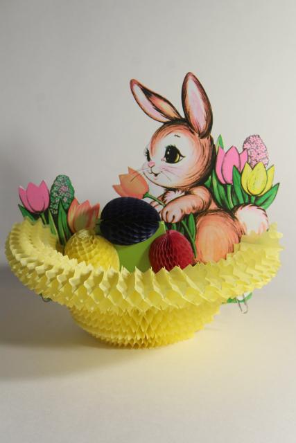 vintage Beistle Easter bunny honeycomb paper basket & eggs, holiday party paper decoration