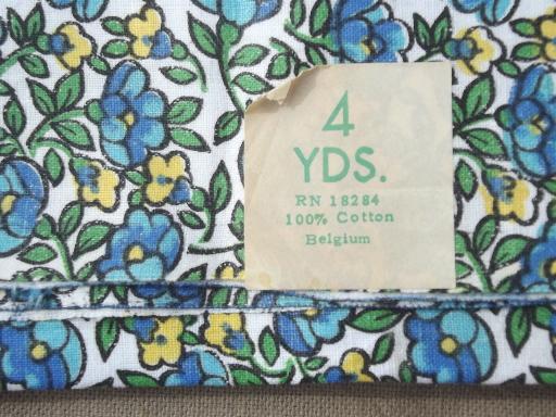 vintage Belgian cotton fabric, french blue & yellow floral print remnant