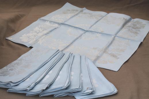 vintage Belgian damask dinner napkins, ice blue pastel cotton / rayon napkins