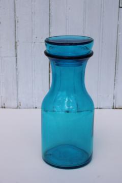 vintage Belgium aqua blue glass apothecary jar, canister or carafe bottle w/ lid