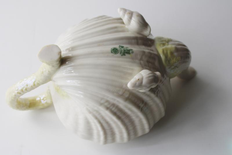 vintage Belleek china teapot, green mark Neptune yellow sea shells forward pot no lid
