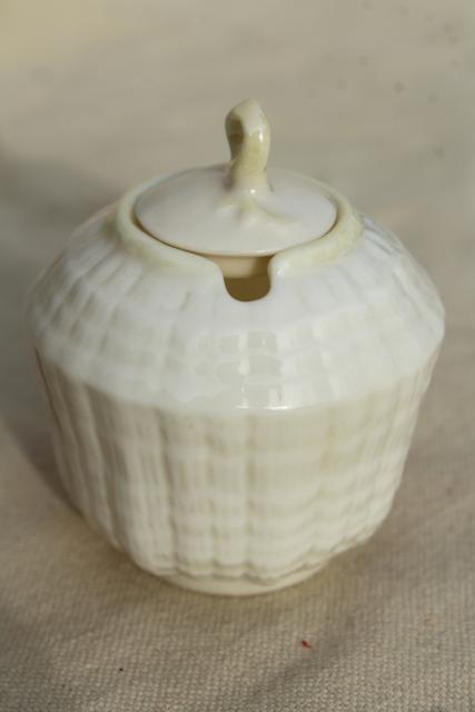 vintage Belleek china, tridacna yellow tiny jam or mustard pot condiment jar