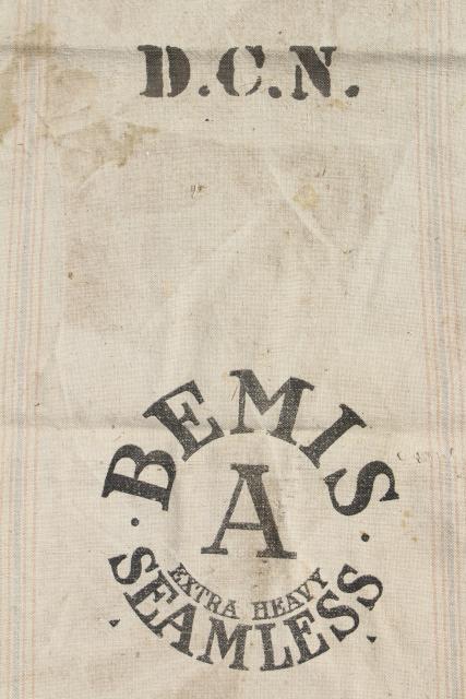 vintage Bemis heavy cotton grain sack, old farm country primitive striped feed bag