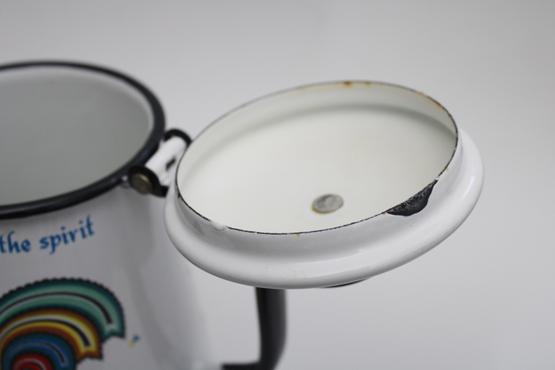 vintage Berggren enamelware coffee pot, Swedish rooster folk art design